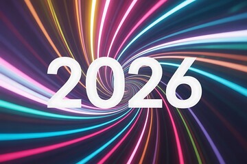 Dynamic 2026 number glows against vibrant swirling light tunnel, symbolizing future progress and innovation