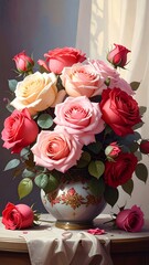 A floral still life featuring vibrant roses of various hues in a decorative vase, draped setting