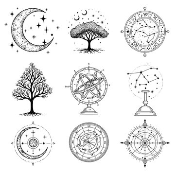 A collection of mystical celestial and natural symbols including moons, stars, trees, and astrological instruments, perfect for spiritual and esoteric designs.
