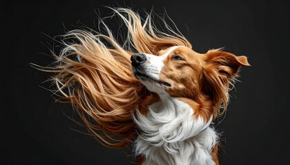Naklejka premium A portrait of a dog with long flowing fur in front of a plain dark grey backdrop