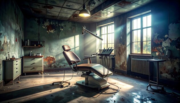 Dilapidated dental room with peeling walls and sunlight
