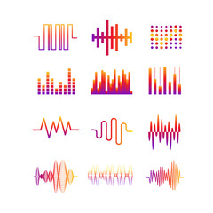 Collection of Gradient Audio Waveforms and Frequency Visualizations on White Background Sound Design Element