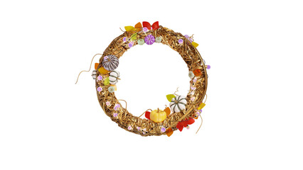 halloween wreath with pumpkin and autumn leaves 3D rendering