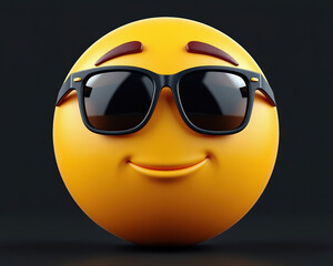 Confident Yellow Emoji Face with Raised Eyebrows and Sunglasses, Featuring Subtle Smile on Dark Surface