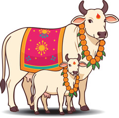 Sacred Indian Cow and Calf with Marigold Garlands Vector