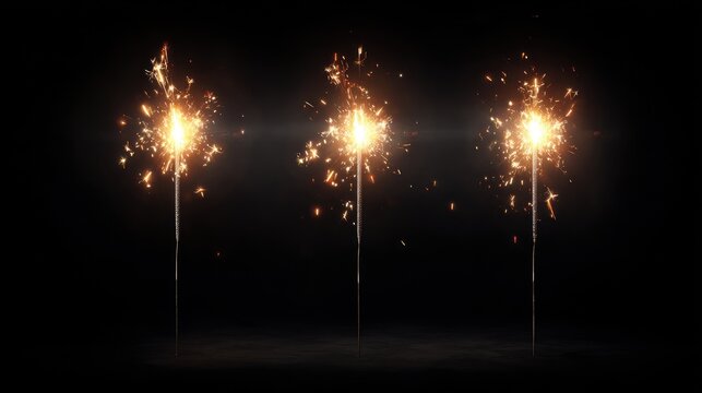 Three sparklers illuminate the dark with bright sparks and light trails.