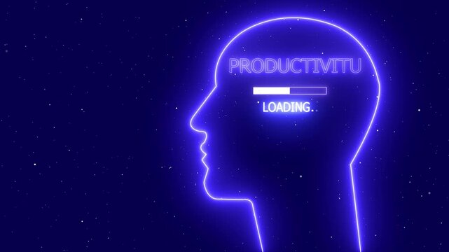 Productivity loading in human head shape, concept of self improvement, personal development, potential, skills and qualities animated progress bar on blue background.