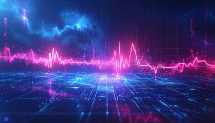 A glowing pink waveform overlaid on a digital grid with celestial blue and purple hues