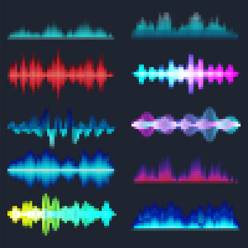 Vibrant Audio Waves Collection Representing Sound Frequencies and Digital Communication with Bright Neon Colors against a Dark Background