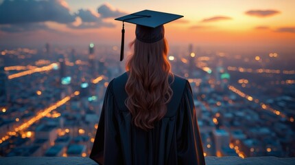 Female Graduate in Cap and Gown Looking Over Illuminated City Skyline at Sunset