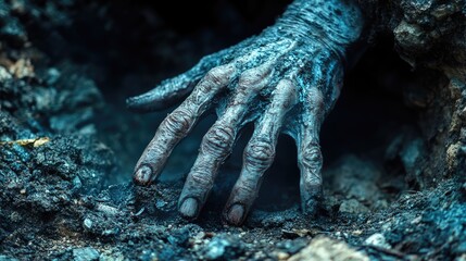 Bony fingers zombie's reaching out from underneath a pile of rubble. Desolate landscape, dim light.