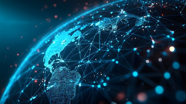 Close up of a human hand holding a glowing blue digital sphere of interconnected lines and dots against a dark background