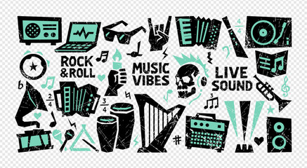 Crayon music sticker rock drawn hand punk shapes with instruments, skull and note icons. Crayon music collage vector with grunge brush texture for street pop design and retro art background.