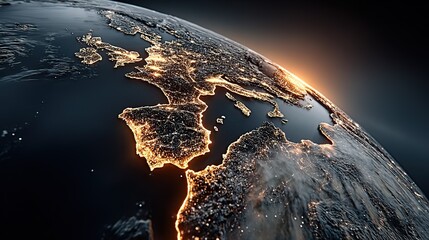 Naklejka premium Macro View of Earth Covered by Glowing Intelligent Network with Robots and Cloud Servers as Nodes, IoT Concept