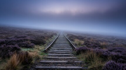Misty train tracks path