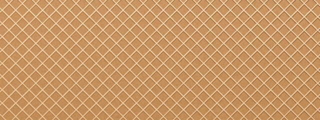 Wafer texture pattern background with diagonal grid structure. Golden brown surface, embossed lines, cross-hatched grooves form realistic waffle design. Vector seamless template for bakery graphics