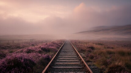 Fototapeta premium Misty train tracks through landscape