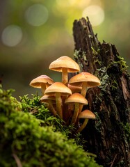 Fototapeta premium Cluster of golden fungi grows on mossy wood in the woods