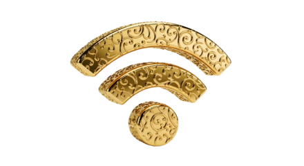 Elegant golden wifi symbol with ornate swirling patterns, representing premium wireless connectivity.