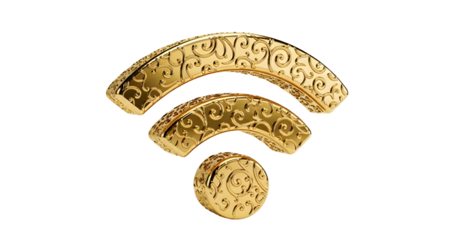Elegant golden wifi symbol with ornate swirling patterns, representing premium wireless connectivity.