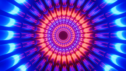 Tunnel of neon lights. Kaleidoscope abstract background. 3d render