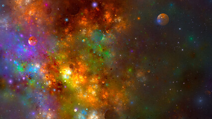 Naklejka premium Planets and nebula in space. Colorful abstract background. Fractal render.