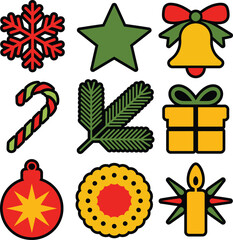Festive Christmas and New Year Holiday Icons Set: Ornaments, Wreath, and Gift Symbols