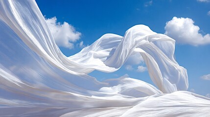 White sheer fabric flows dynamically, creating abstract patterns against a vibrant blue sky with soft clouds, evoking feelings of freedom, lightness, and purity