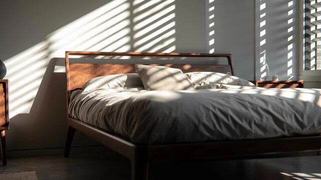 A bed with a white comforter and pillows. A vase is on a table next to the bed. Minimalist bedroom, walnut bed frame, abstract decorative objects, mid century modern sunlight filtering through blinds