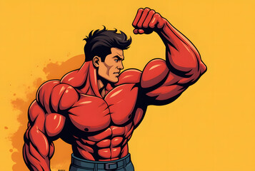 Muscular red skinned man flexing biceps with intense expression on yellow background