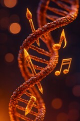 A close-up of a glowing DNA strand twisting into paintbrushes, pencils, and musical notes symbolic representation of creativity encoded in genes, macro photography style with bokeh background.
