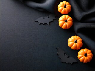 A top down view of mini orange pumpkins and black bat cutouts arranged on dark fabric with copy space
