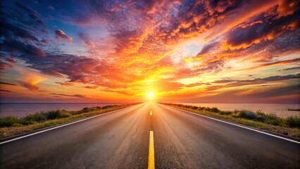 Naklejka premium Asphalt Road Leading to a Vibrant Sunset Over a Calm Ocean Horizon