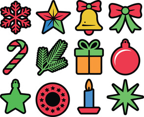 Vibrant Christmas and New Year Holiday Celebration Icons Set: Ornaments, Gifts, and Festive Symbols