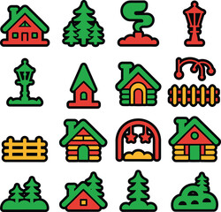 Cozy Winter Village Christmas Icons Set: Houses, Trees, Streetlights, and Landscape Elements