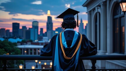 Graduate in Cap and Gown Gazing at City Skyline at Sunset Looking Toward the Future