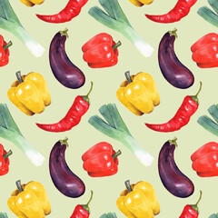 Seamless watercolor pattern with fresh eggplants, red and yellow bell peppers, chili peppers, and leeks on light green background