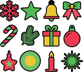 Vibrant Christmas and New Year Holiday Celebration Icons Set: Ornaments, Gifts, and Festive Symbols