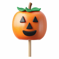 Realistic orange candy apple decorated as a Halloween pumpkin face isolated on transparent background.