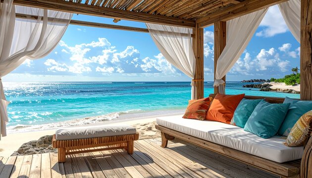 Bright sunny beach cabana with comfortable seating ideal for relaxing by ocean and enjoying beautiful coastal scenery. Leisure summer background concept. resort