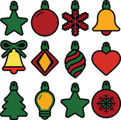 Classic Christmas Tree Ornaments and Holiday Decoration Icons Set
