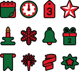 Festive Holiday and New Year Icon Set with Calendar, Gifts, and Snowflakes