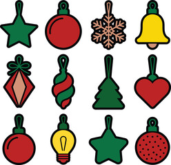 Classic Christmas Tree Ornaments and Holiday Decoration Icons Set