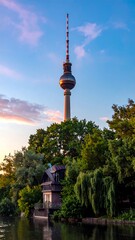 Fototapeta premium Iconic towering structure during sunset, alongside lush trees and water
