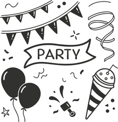 Celebration archway decorated with balloons and bunting flags for festive events isolated on transparent background