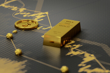 Financial, Gold stock market investment, Golden bar and gold coins on stock chart. 3d render.