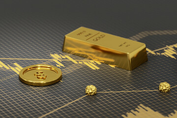 Financial, Gold stock market investment, Golden bar and gold coins on stock chart. 3d render.