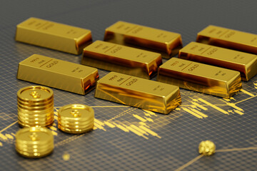 Financial, Gold stock market investment, Golden bar and gold coins on stock chart. 3d render.