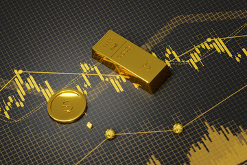 Financial, Gold stock market investment, Golden bar and gold coins on stock chart. 3d render.