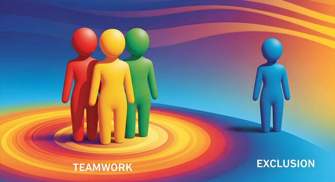 Diverse team collaborates while one stands apart, symbolizing inclusion and exclusion
